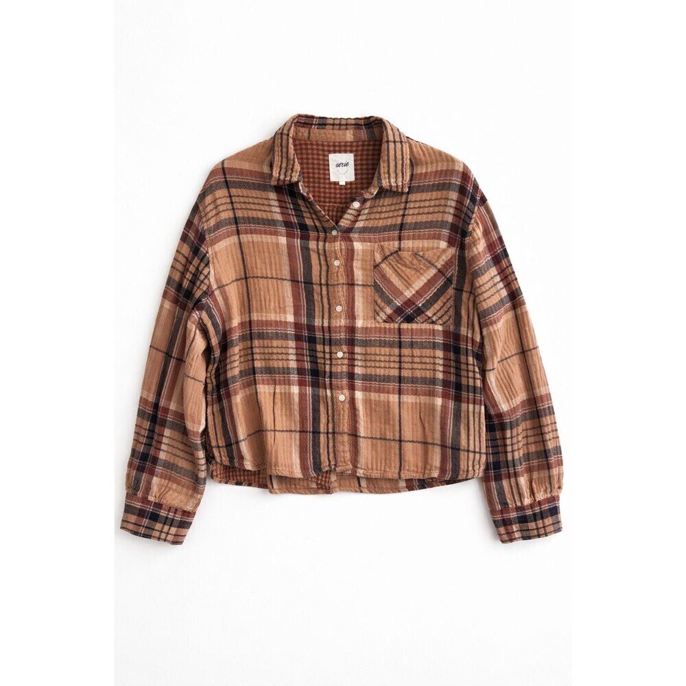 Aerie Plaid Flannel Oversized Relaxed Fit Top Size XL Brown Plaid Shacket